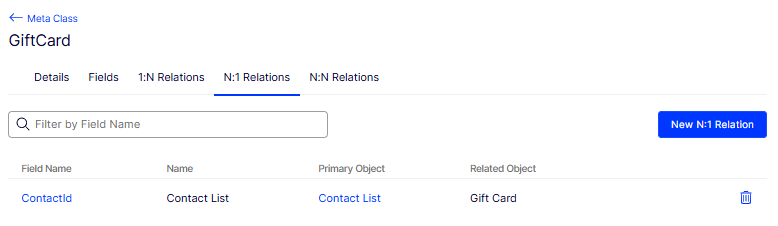 Meta Class detail page with the New N:1 Relation action