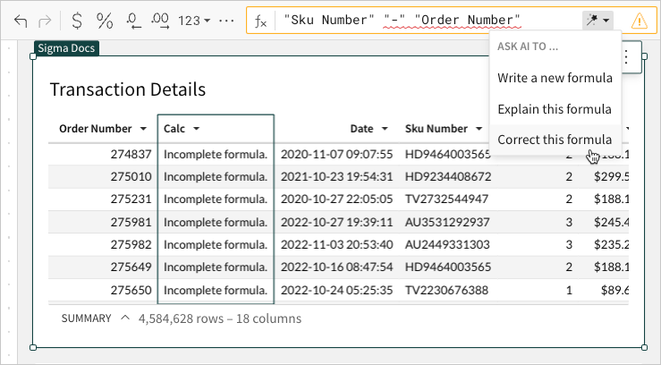 Table showing a column with a formular error.  Formula assistant menu displayed with cursor over the "Correct this formula" option.