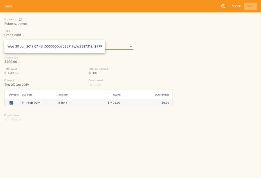 Figure 257. Selecting the credit card transaction to be refunded from the drop down list