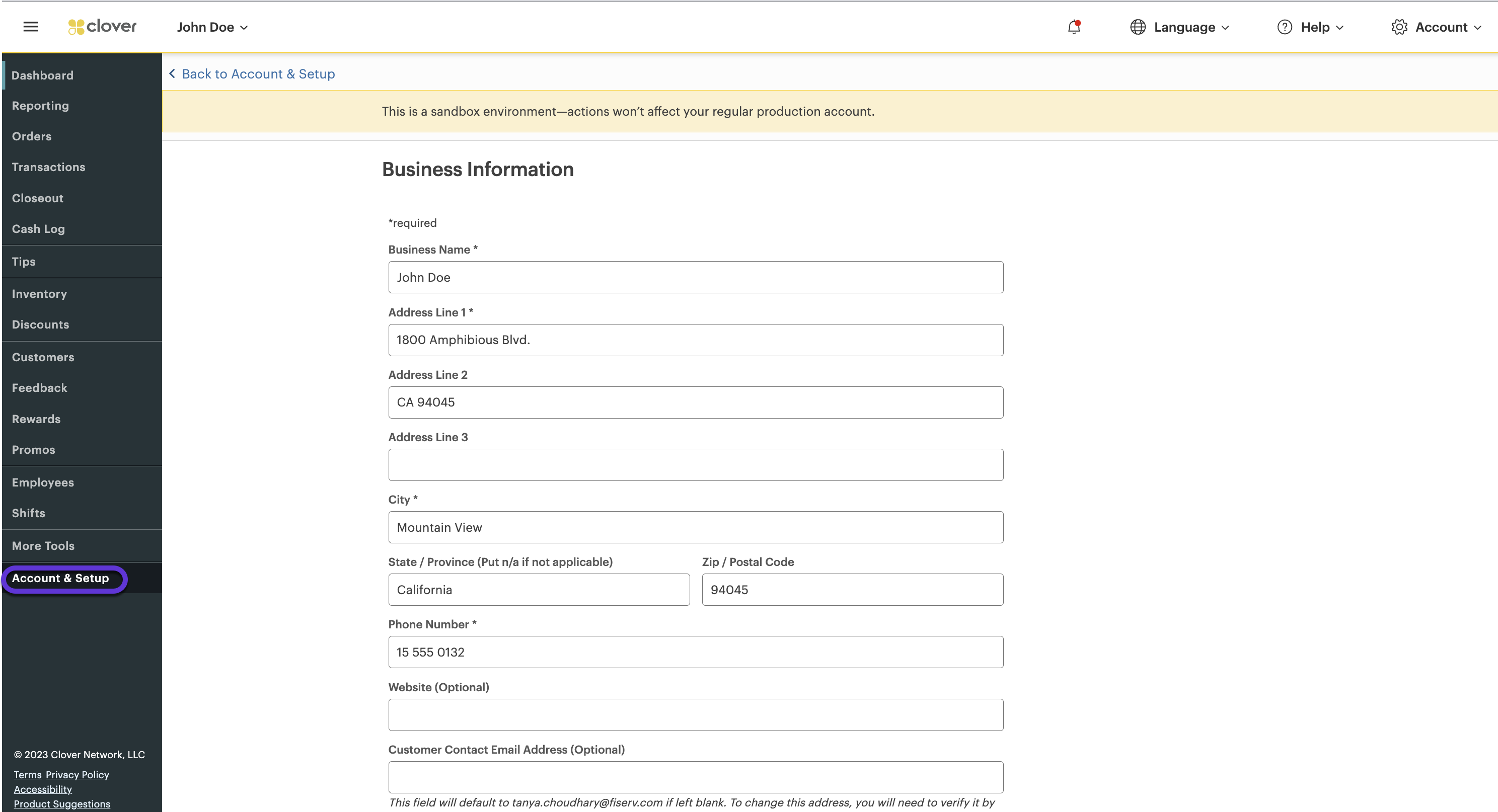 Merchant Dashboard - Account & Setup > Business Information page