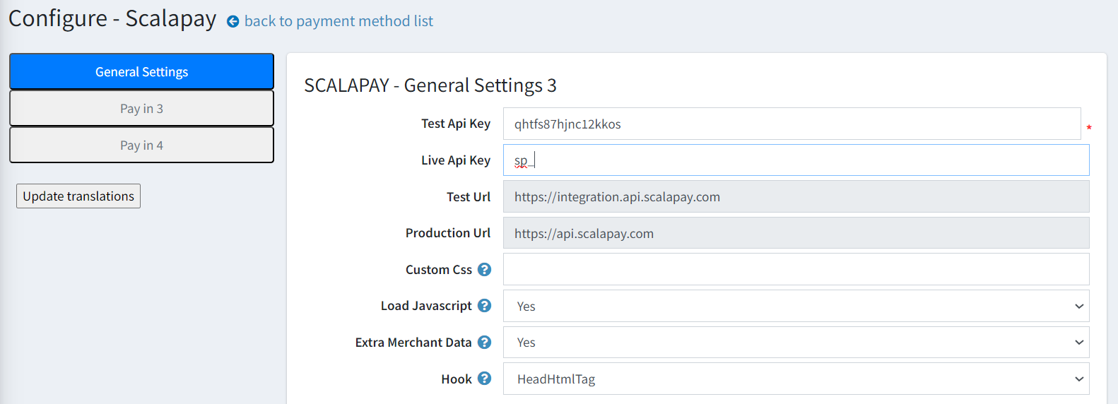 Enter the Live API key in the General settings section