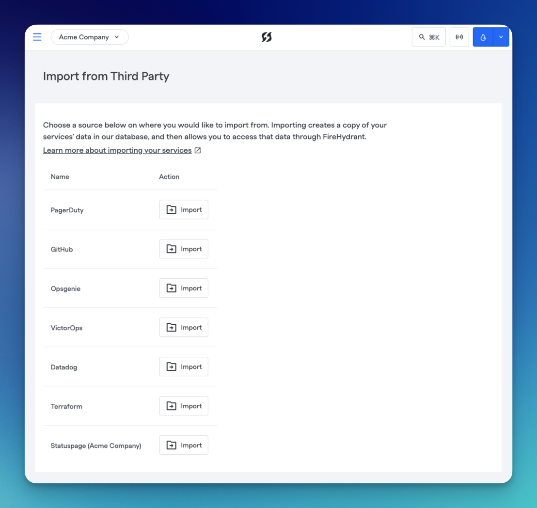 Service catalog import page. This page is identical for all components, differing only in the number of 3rd-party options depending on component type