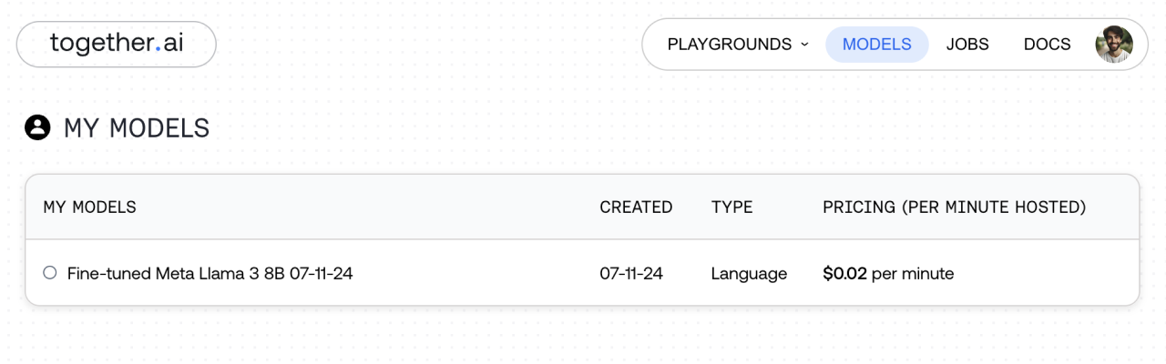 To use your model, you can either host it on Together AI for an hourly usage fee, or download your model and run it locally.