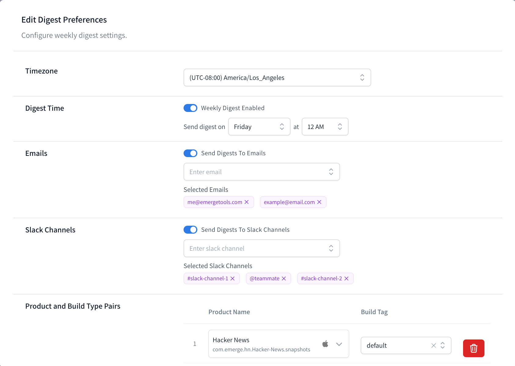 Screenshot of weekly digest settings UI