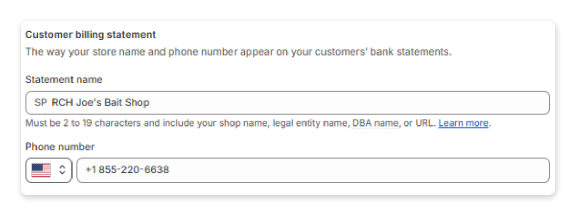 Example of adding RCH to Statement name in Shopify.