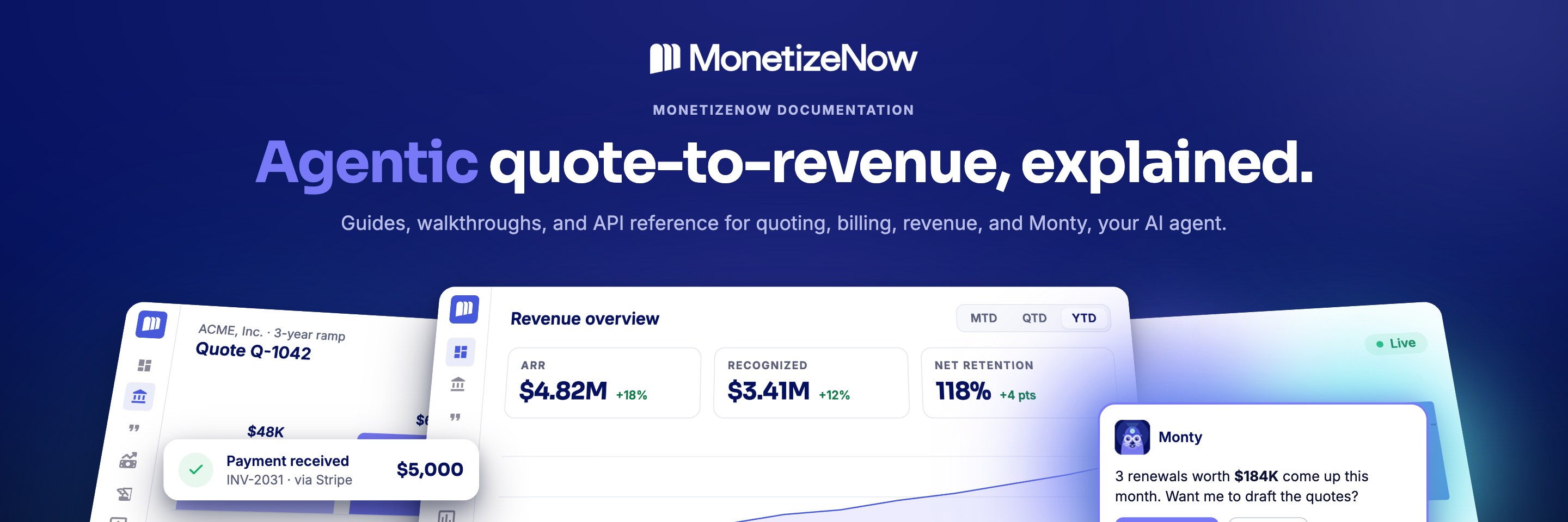 MonetizeNow product screens for quoting, revenue, and usage, with Monty the AI agent suggesting next steps.