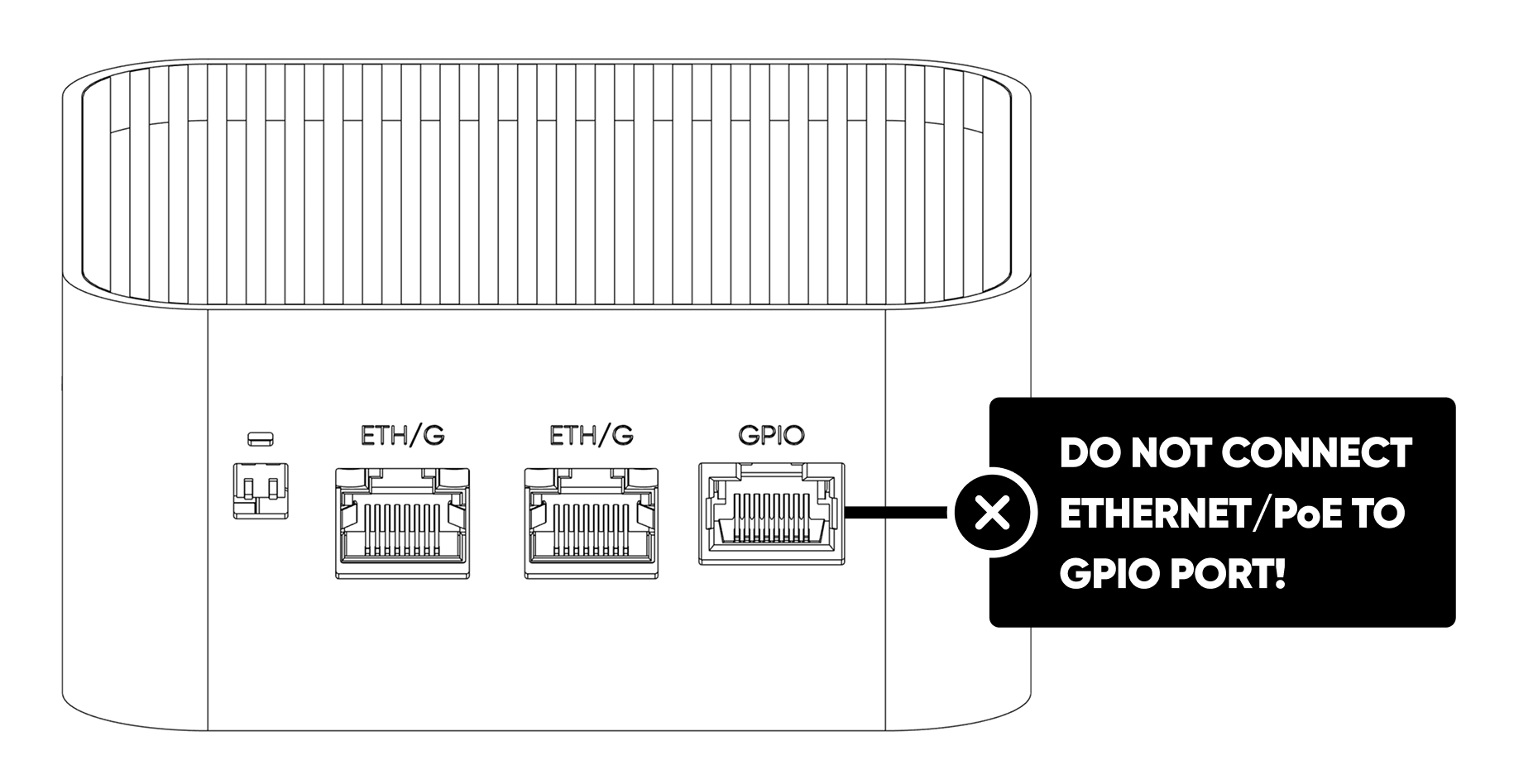 GPIO Add-on Port Warning — do not connect Ethernet/PoE here