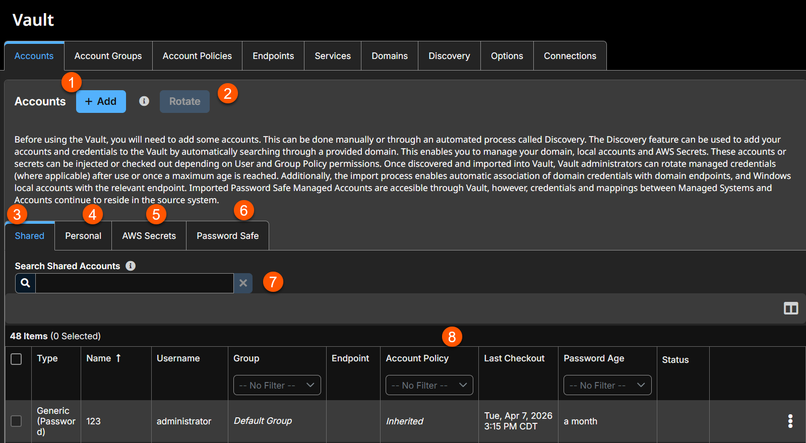Image of the Vault: Accounts page.