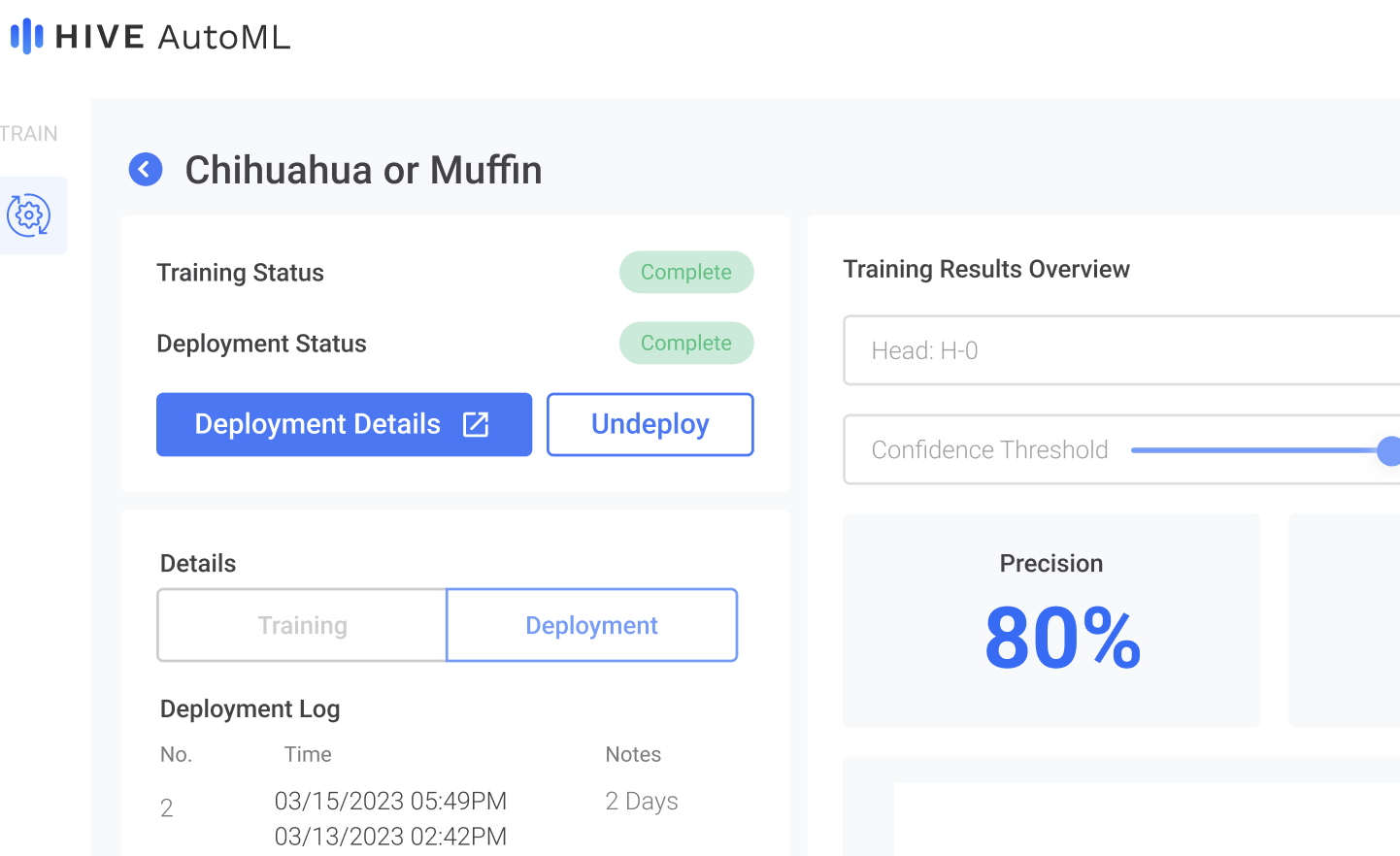 After a a project has finished deploying, there will be a "Deployment Details" button on the left side of the project page, below the training and deployment statuses.