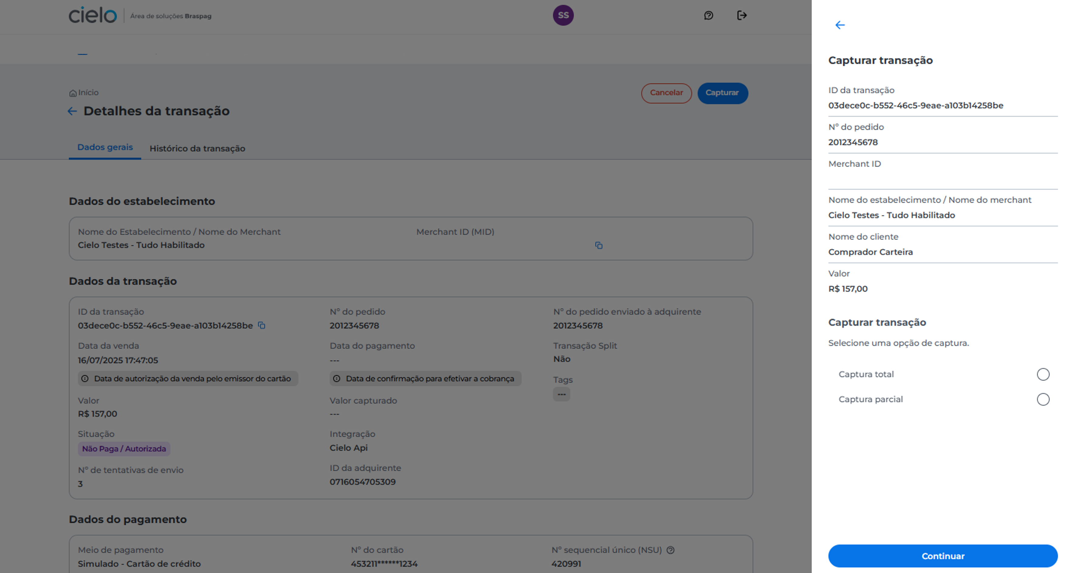 Janela exibindo os detalhes da transação. A interface apresenta opções para selecionar o tipo de captura, com botões ou campos identificados como "Captura total" e "Captura parcial"