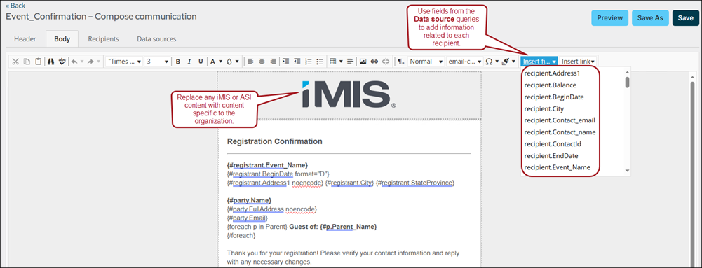 Use the insert field drop down to add any desired content related to the event registration to your e-mail.