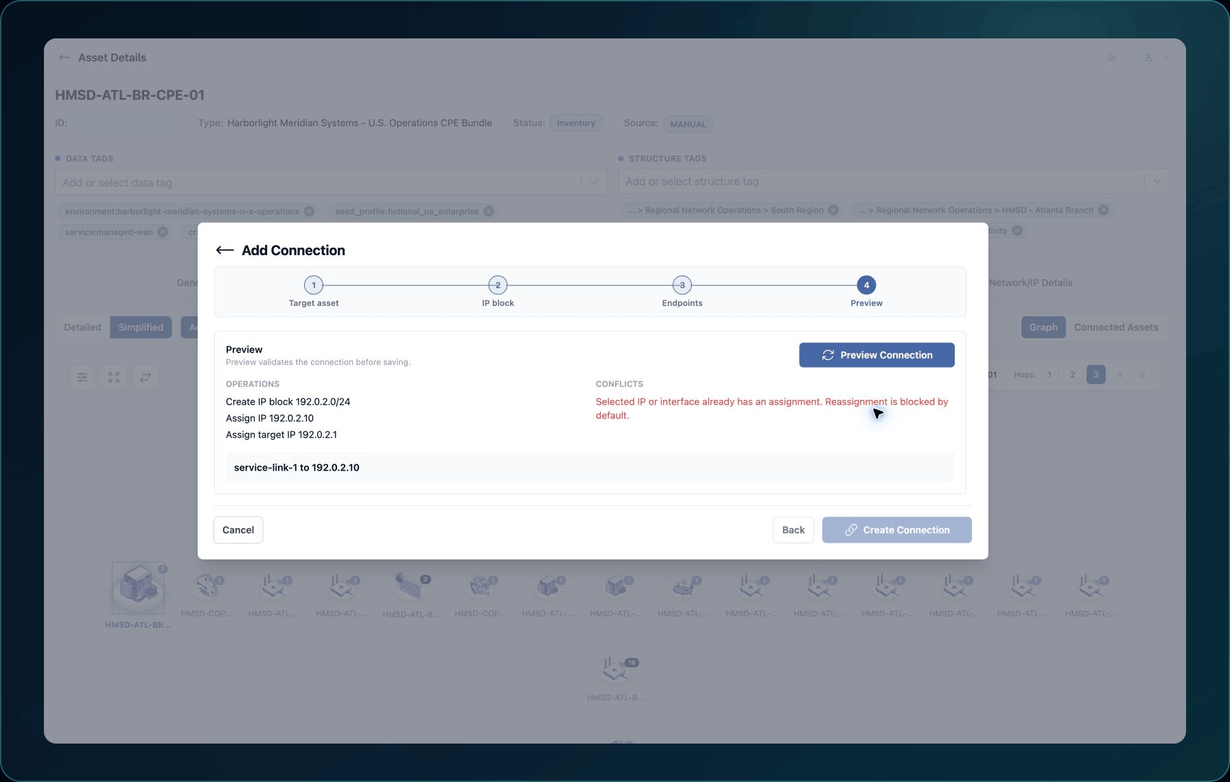 Connection preview showing planned operations and a blocking assignment conflict before creation.