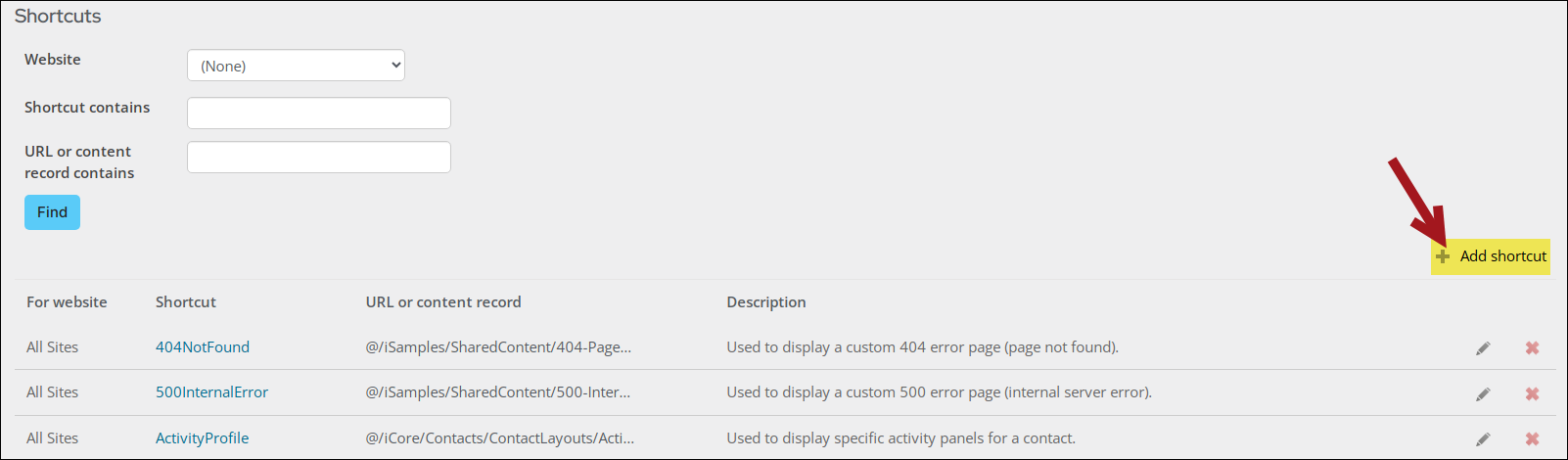 An arrow pointing to the Add shortcut button.