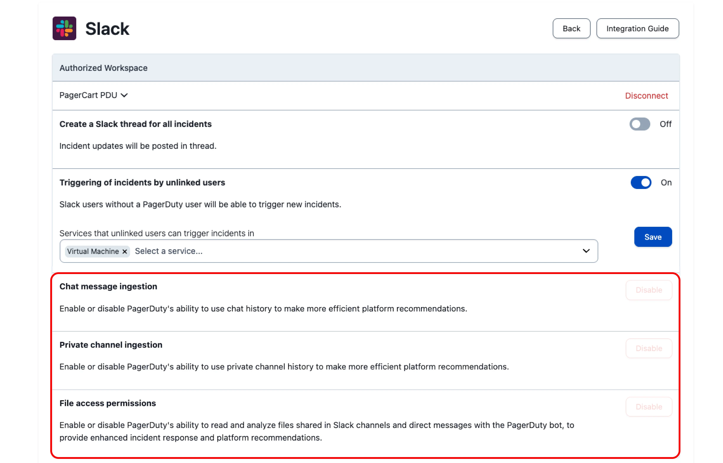 Enable or Disable optional scopes from the Slack configuration page.
