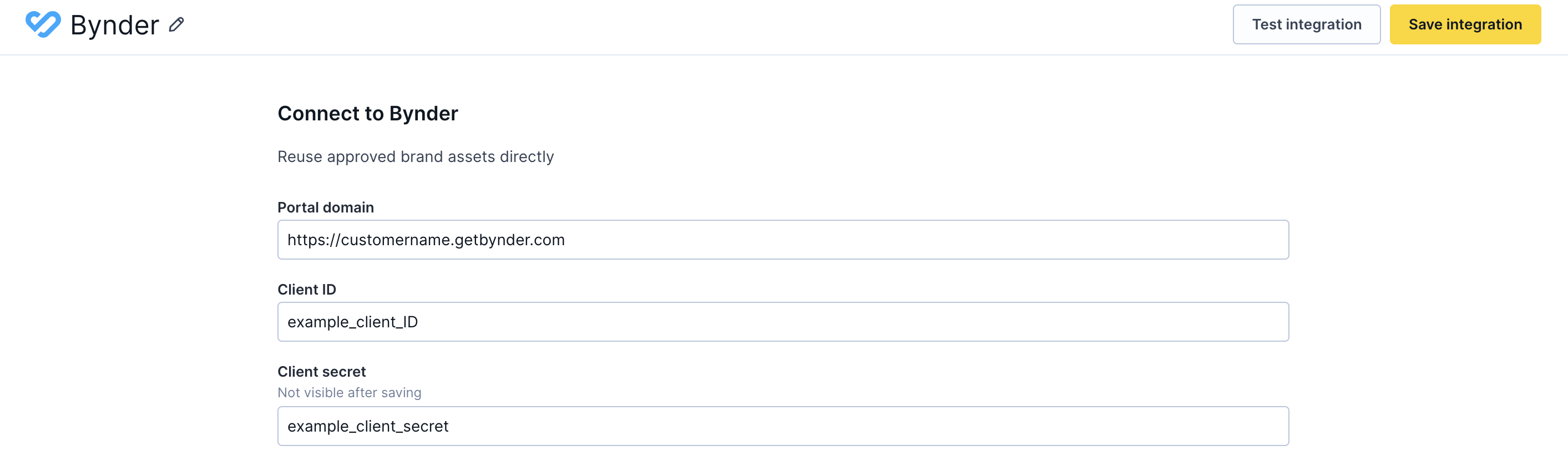 Add new Bynder integration screen with portal domain and credentials