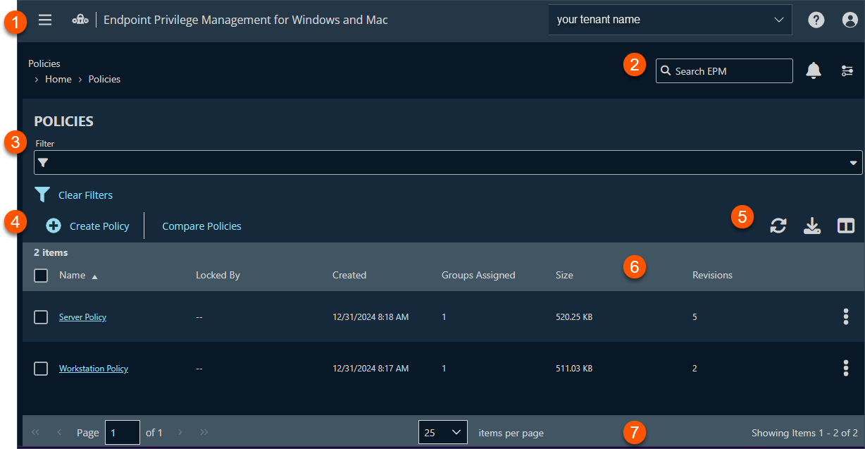 The Policies page in EPM for Windows and Mac with details such as creation date, locked status, and revisions.