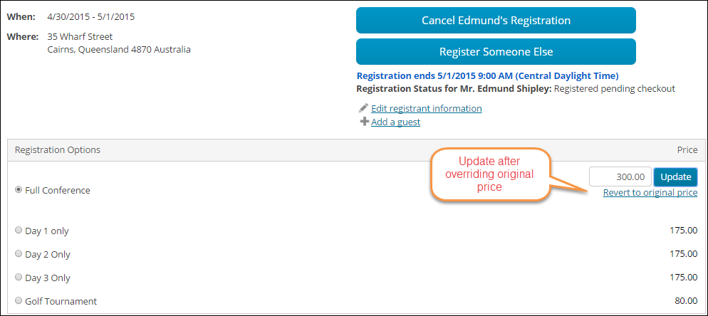 Override event pricing