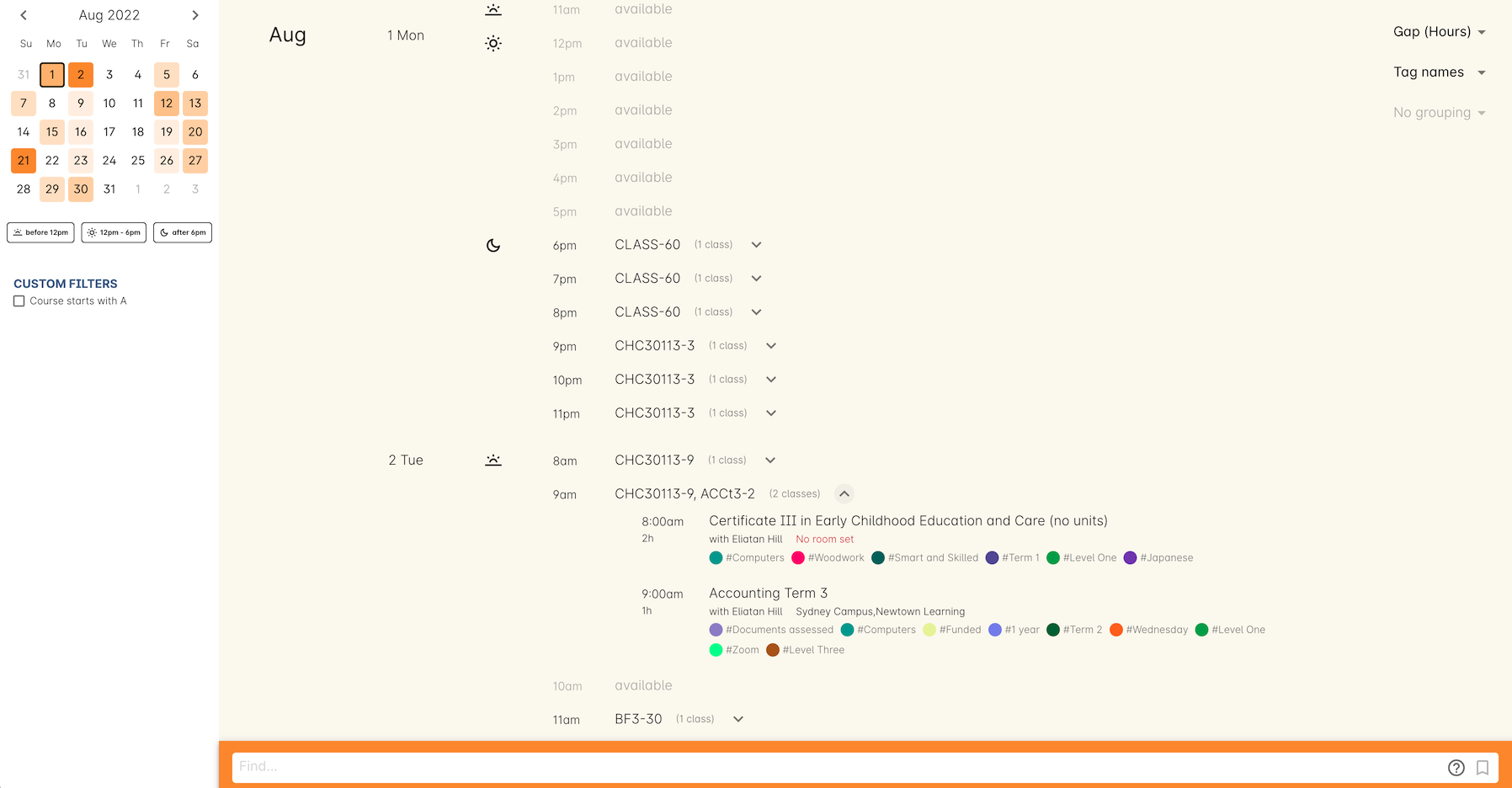 Figure 374. Gap (hours) view mode shows classes grouped by hours of the day