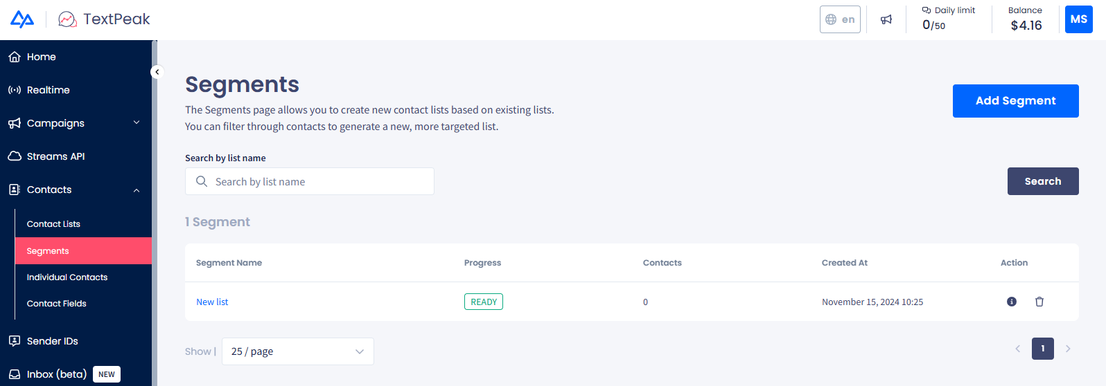 Screenshot of the Segments menu tab
