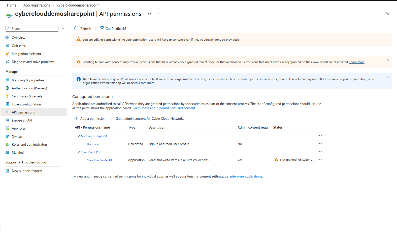 API permissions with SharePoint Sites.ReadWrite.All permission added