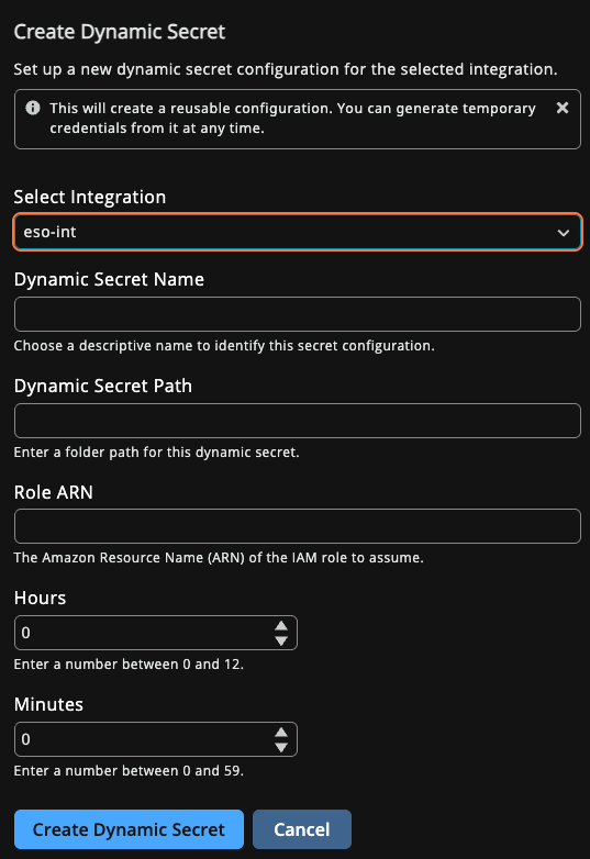 Create AWS Dynamic Secret panel with AWS integration selected and fields for Name, Role ARN, and Duration.
