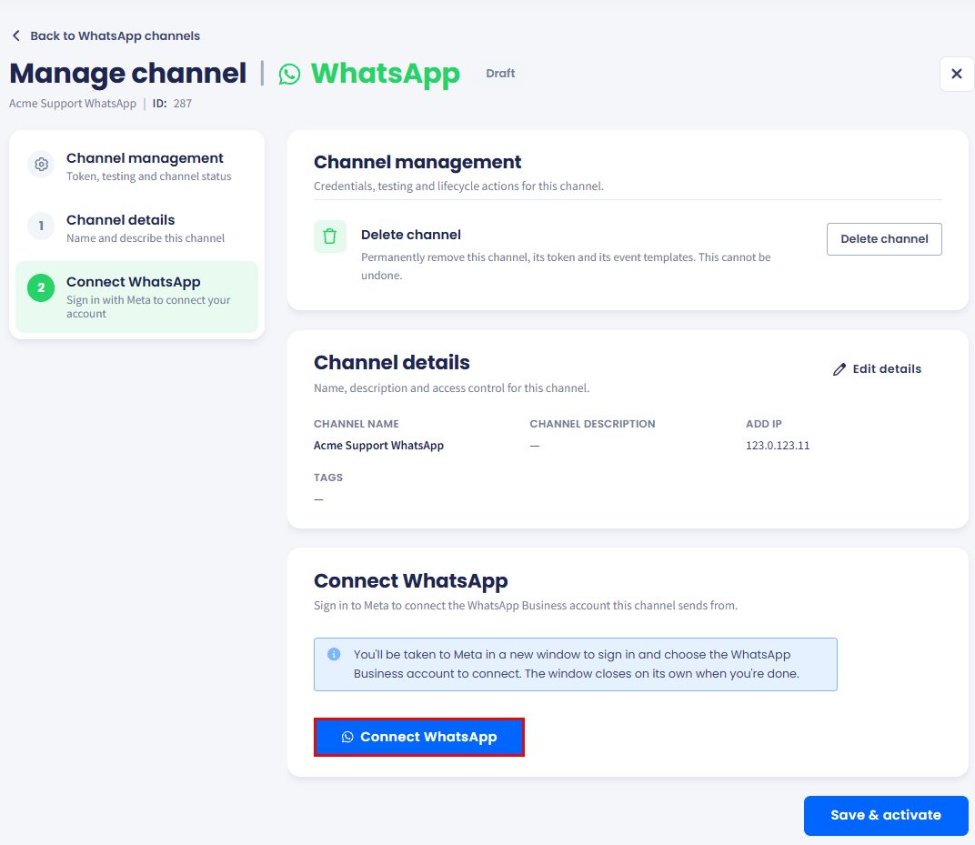 Connect WhatsApp step with a note about the Meta window and the Connect WhatsApp button