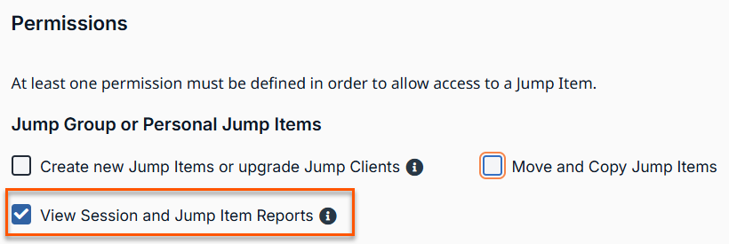 In the permissions for Jump Group or Personal Jump Items, the "View Session and Jump Item Reports" is checked.