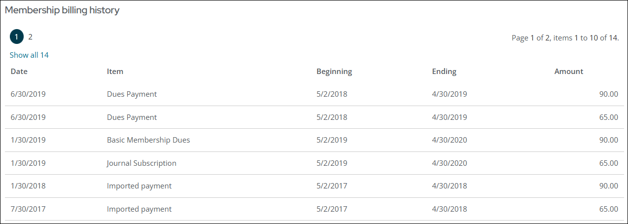 Membership billing history area on account page