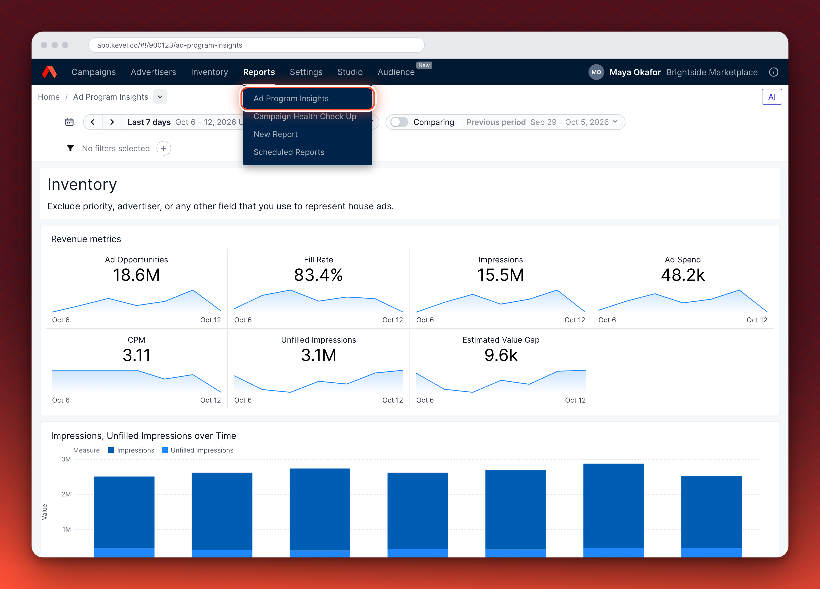 The Ad Server UI top navigation with the Reports menu open on a network with both dashboards enabled, listing Ad Program Insights, highlighted, and Campaign Health Check Up above New Report.