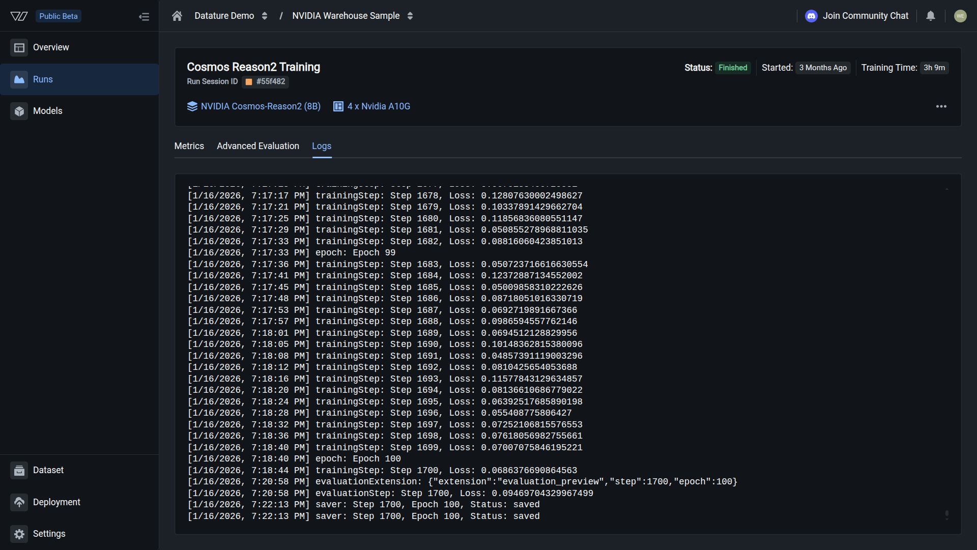Logs tab showing final saver event with no errors, confirming a successful training run