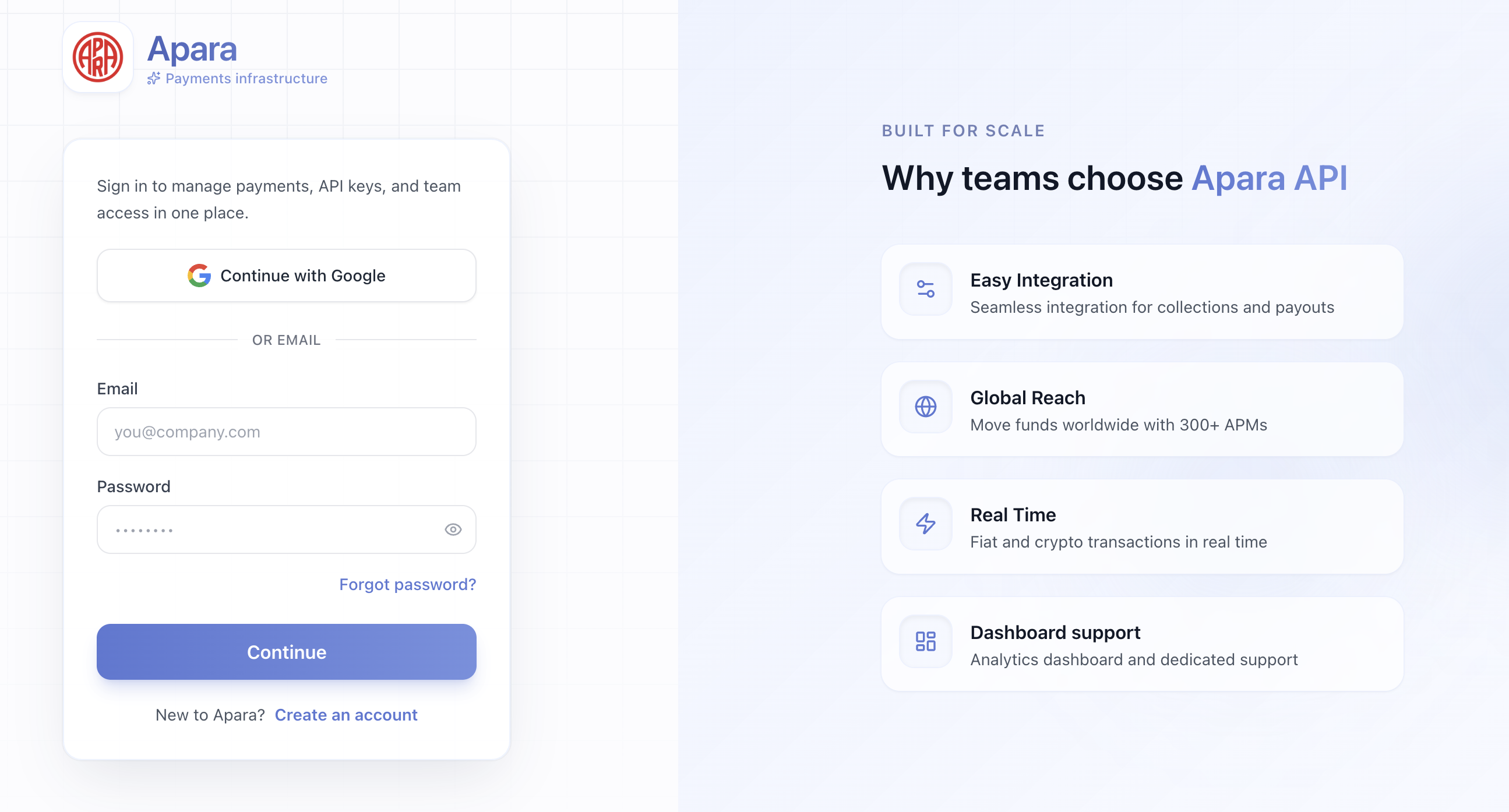 APARA Portal login page requesting email and password