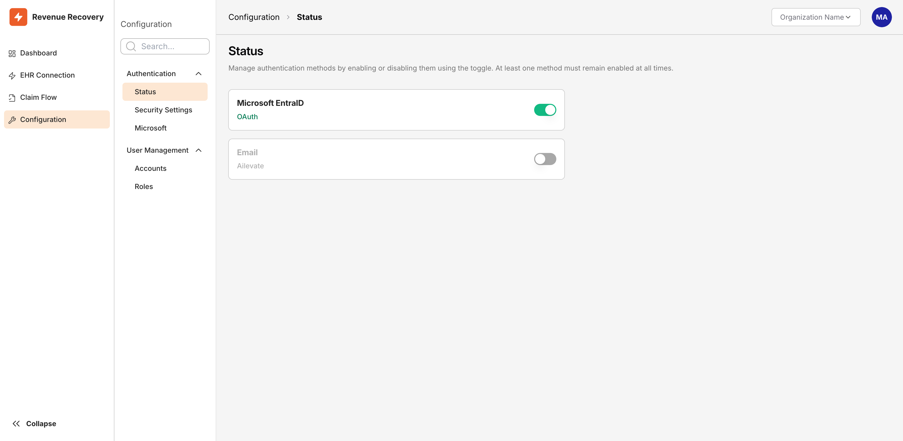 Authentication Status Page