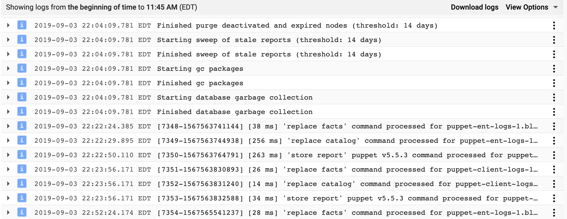 Puppet database logs example