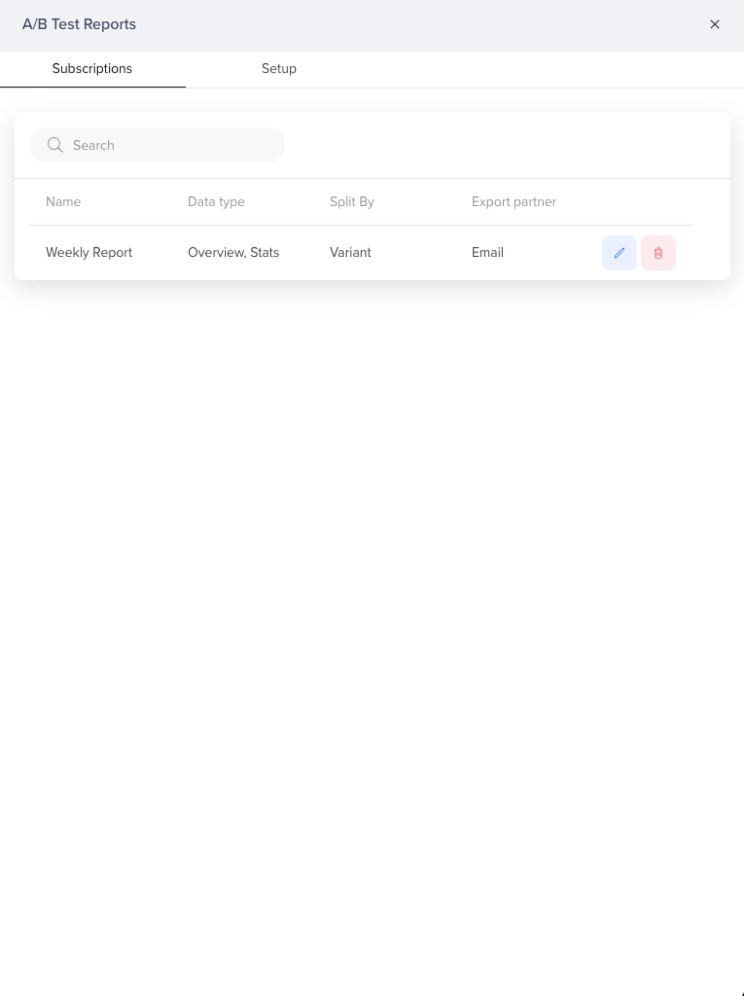 A/B Test Reports - Subscriptions Tab