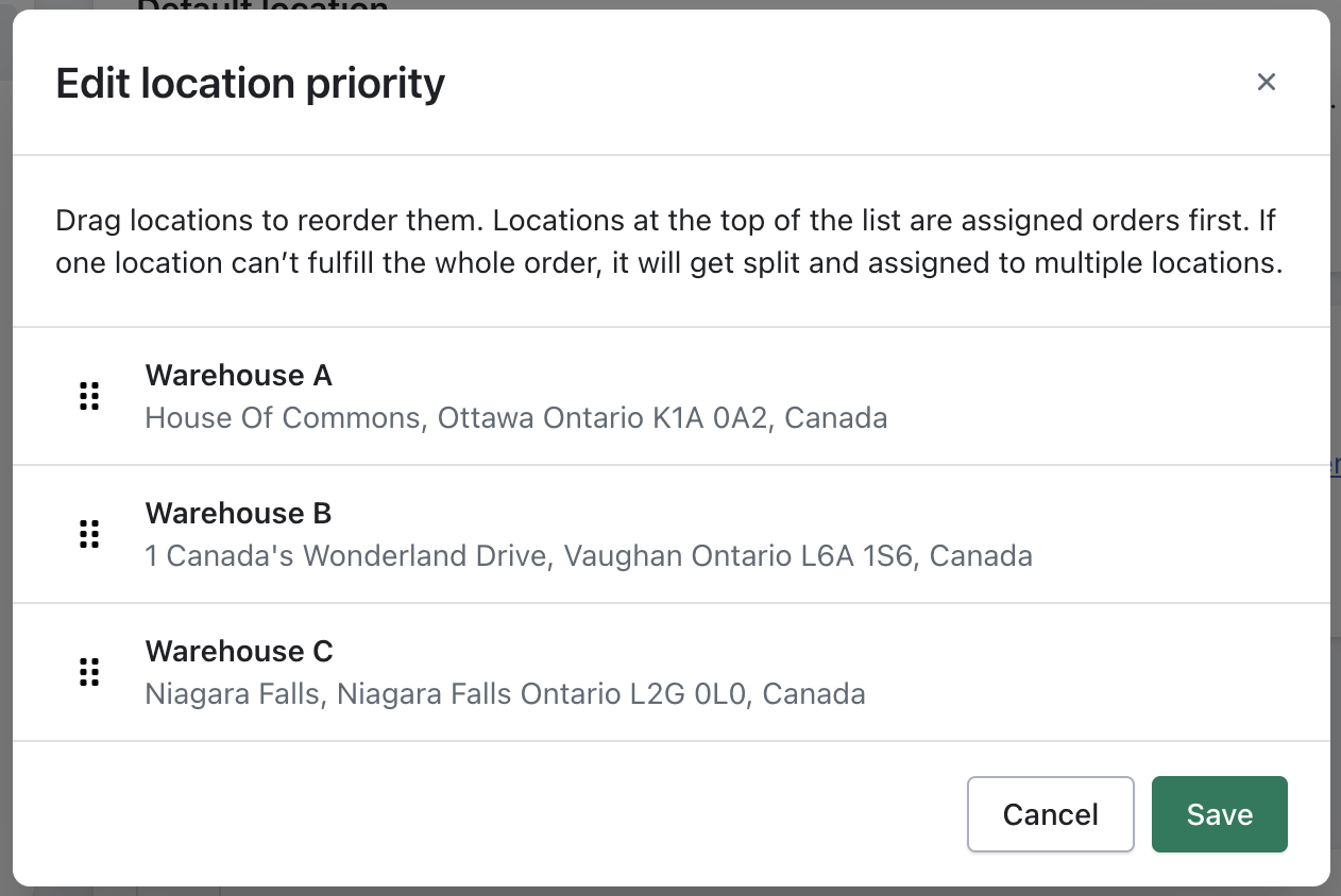 Location priority settings, found in Shopify > Settings > Locations > Location priority