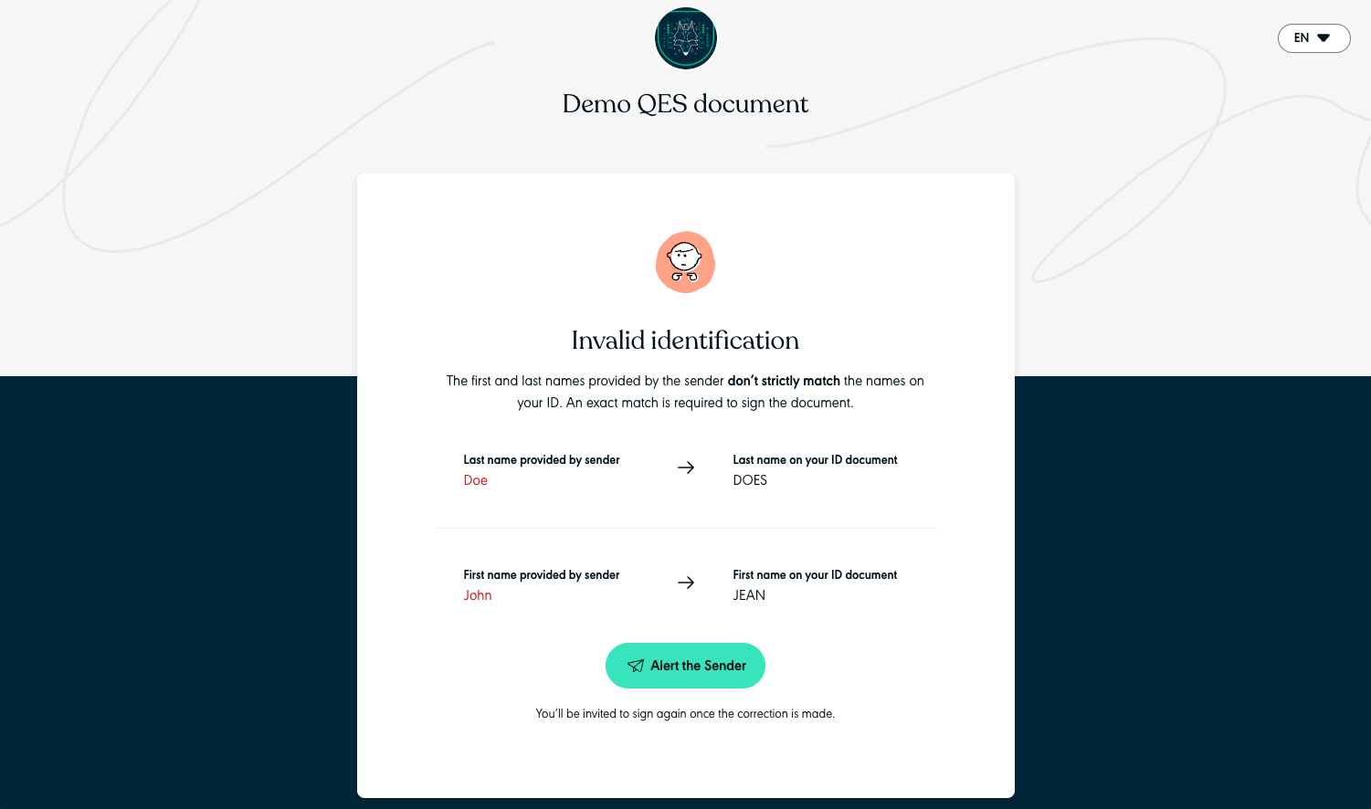 First screen of the Signer where they need to contact the Sender