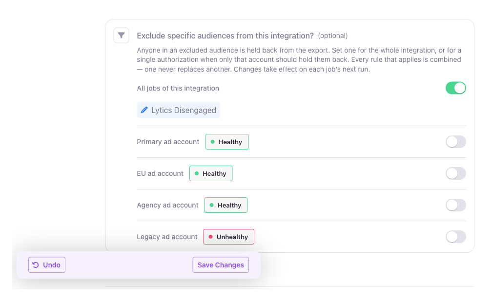 Destination filter with an audience chosen and the Save Changes bar