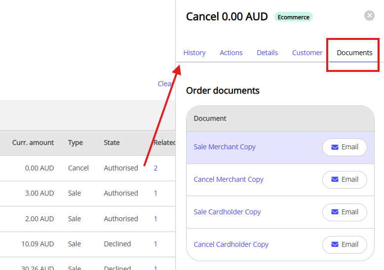 Details panel on the transaction showing the Documents tab with available receipts