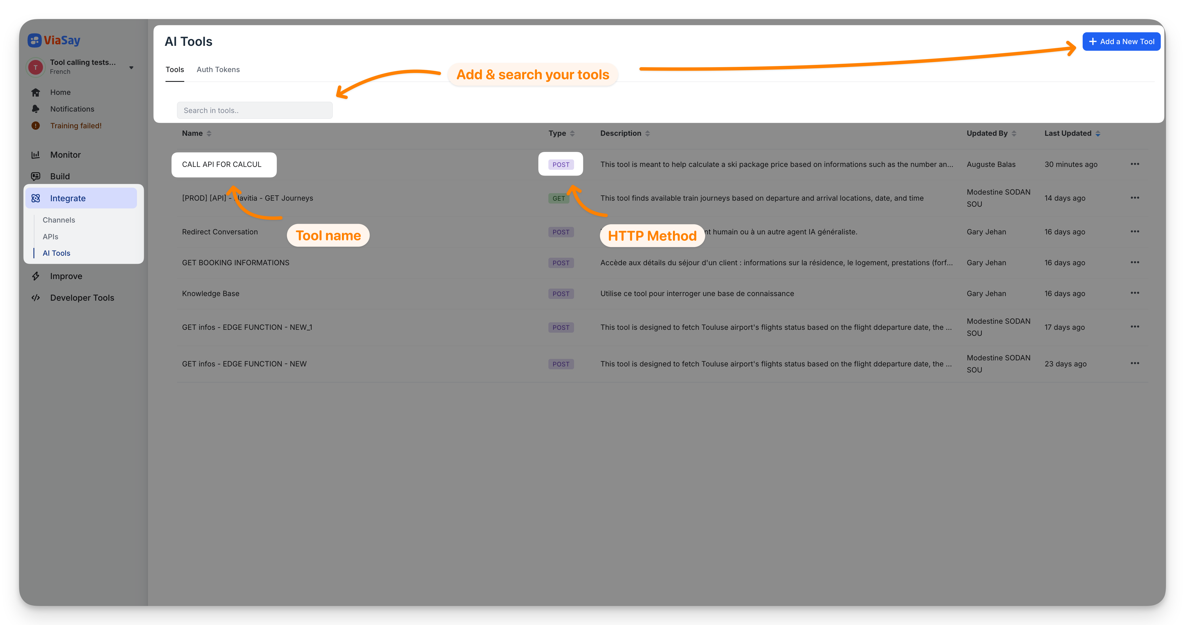 AI Tools list page — search, filter, and manage your tool definitions