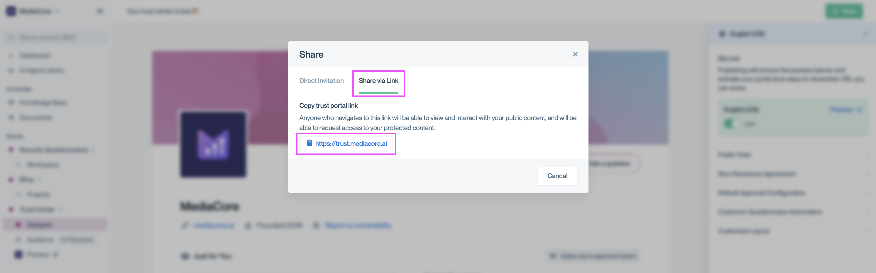 Conveyor Share modal open to the Share via Link tab. Share via Link tab in the Share modal, showing the Trust Center URL.