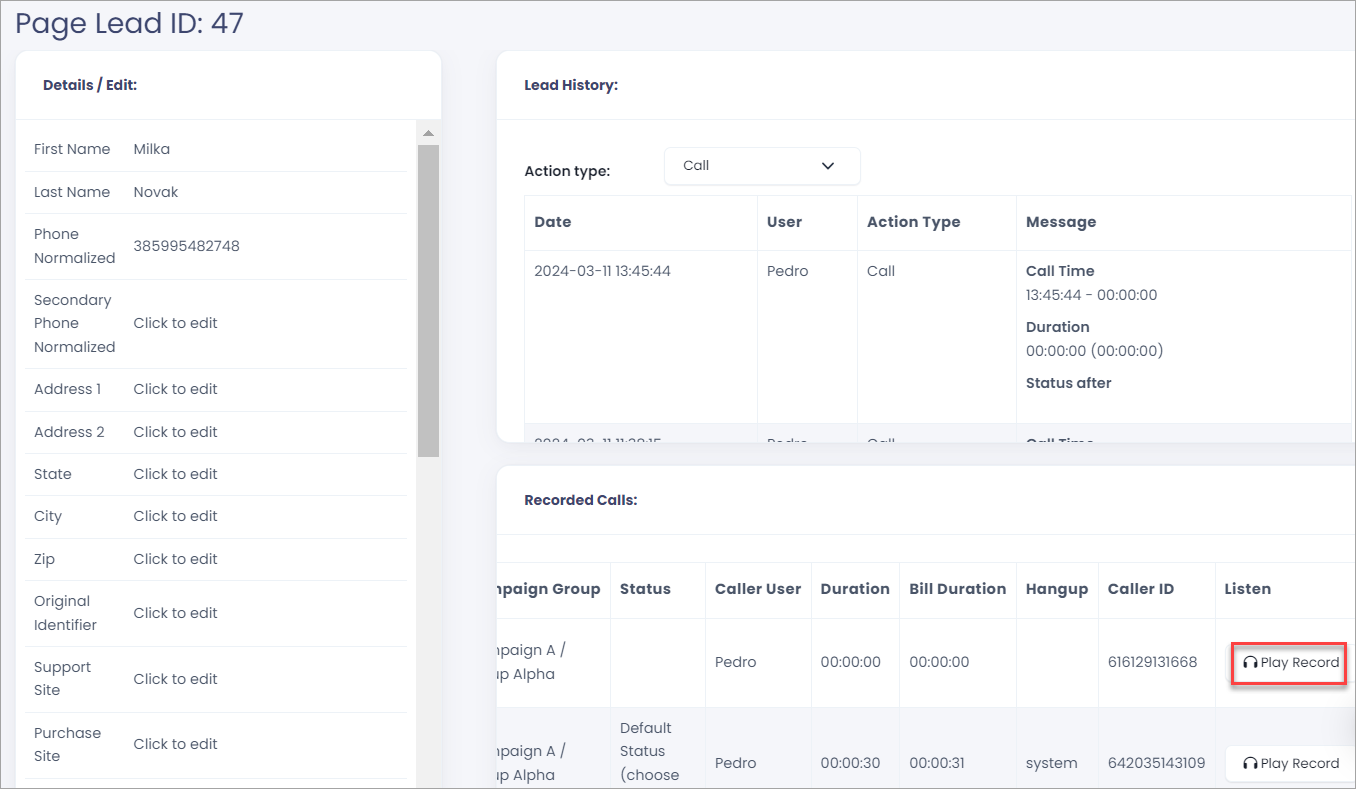 Screenshot of playing recorded calls with leads