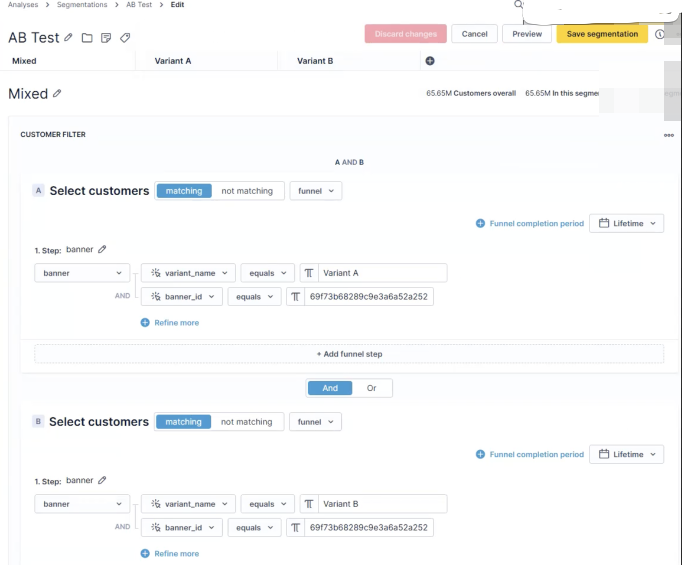 Segmentation editor showing Mixed, Variant A, and Control group tabs.