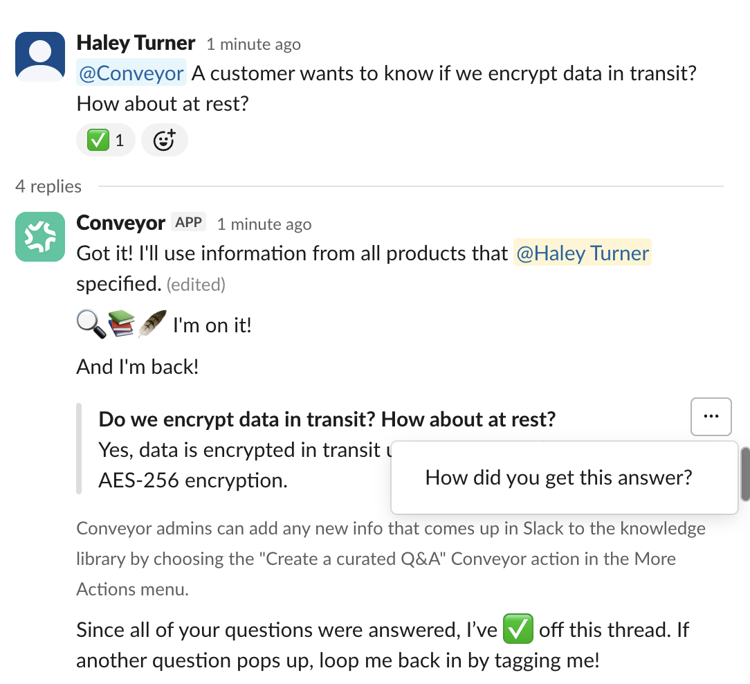 The overflow menu on a Conveyor answer in Slack showing the 'How did you get this answer?' option.