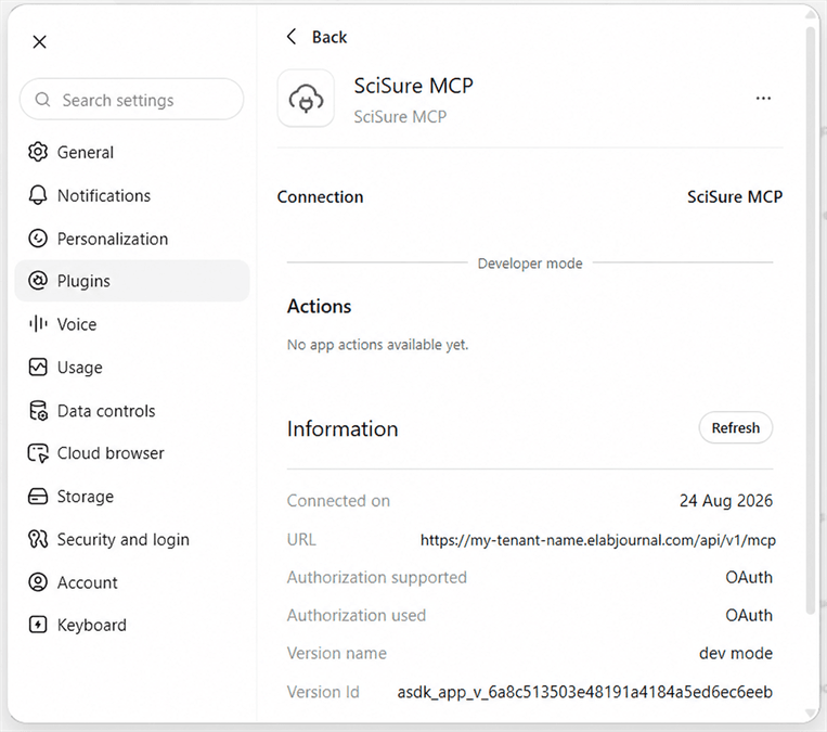 Installed SciSure MCP plugin showing the tenant MCP URL and OAuth connection information