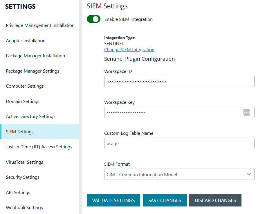 SIEM configuration settings for Microsoft Sentinel