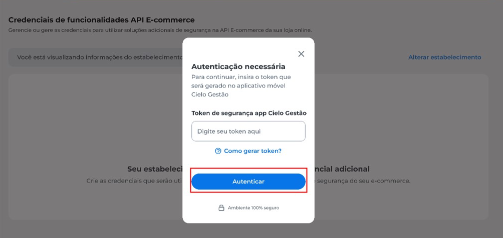 Tela de autenticação de token no app Cielo Gestão