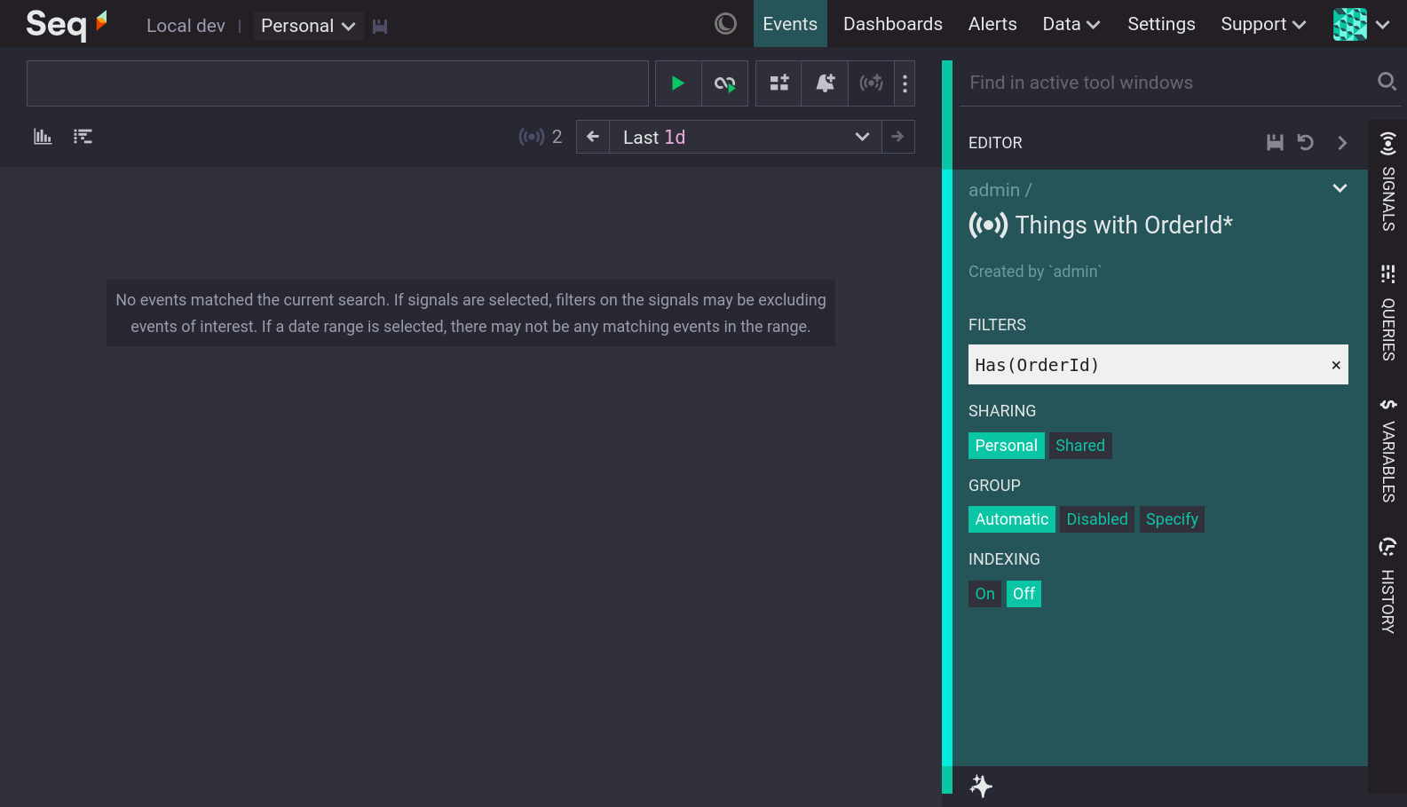 A signal being edited and the INDEXING option being set to Off