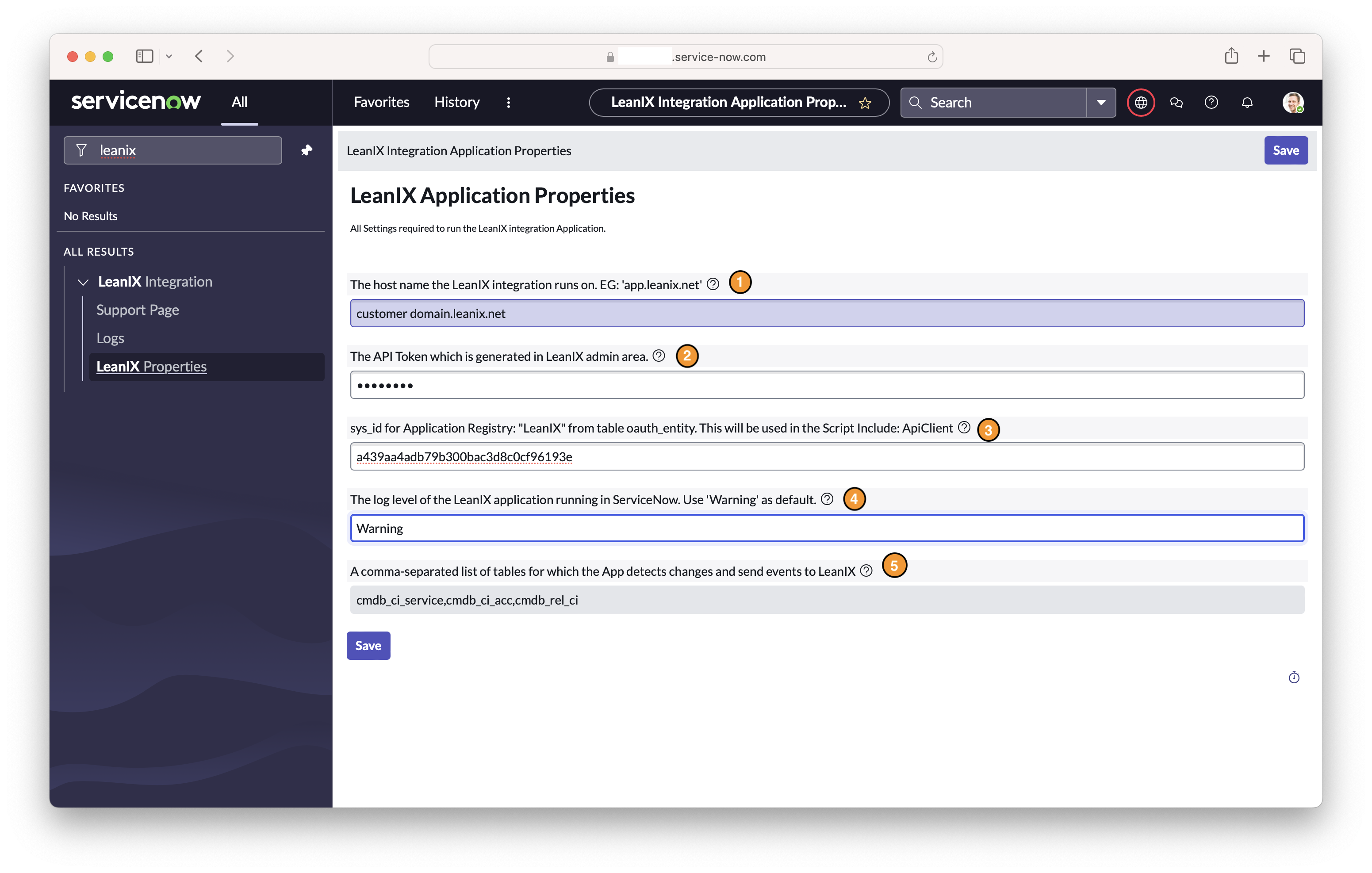 LeanIX Application Properties after LeanIX Integration has been installed.