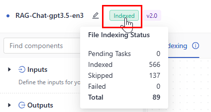 The pipeline details page with the Jazz English QA pipeline indexing. The mouse cursor is over the Indexing status and a pop-up window is showing the indexing status of the files with 344 files pending, 0 indexed, and 0 failed.