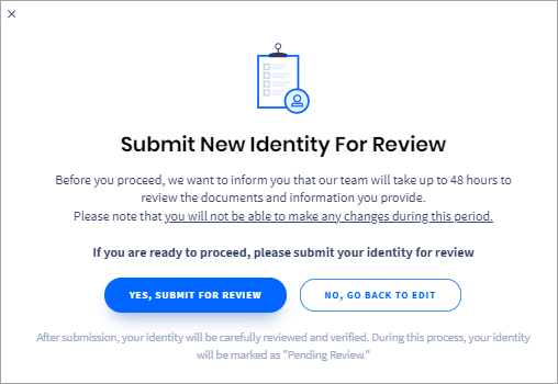 Screenshot with Submit New Identity for Review pop-up